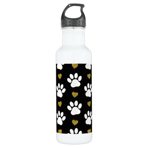 Pattern Of Paws Dog Paws White Paws Gold Hearts Stainless Steel Water Bottle