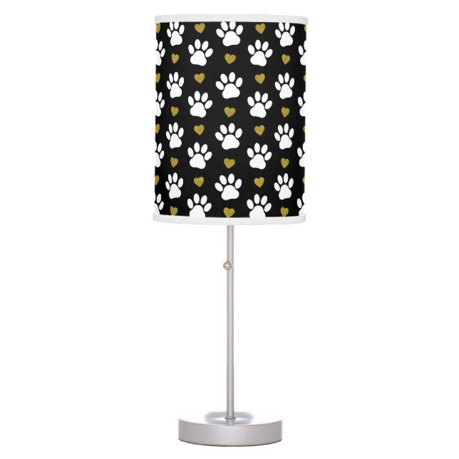 Pattern Of Paws, Dog Paws, White Paws, Gold Hearts Table Lamp (Front)