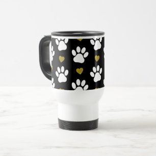 Pattern Of Paws, Dog Paws, White Paws, Gold Hearts Travel Mug