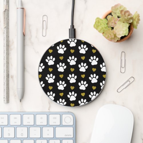 Pattern Of Paws Dog Paws White Paws Gold Hearts Wireless Charger