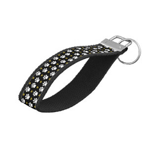 Pattern Of Paws, Dog Paws, White Paws, Gold Hearts Wrist Keychain