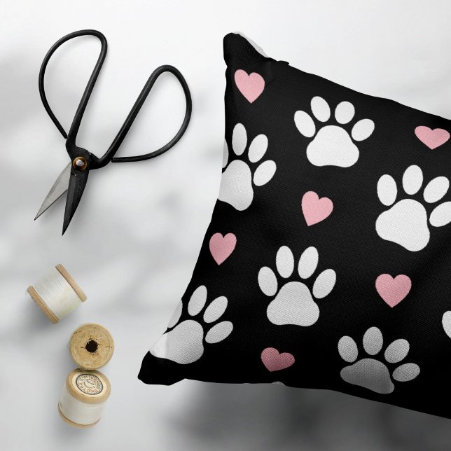 Pattern Of Paws, Dog Paws, White Paws, Pink Hearts Accent Pillow (Creator Uploaded)