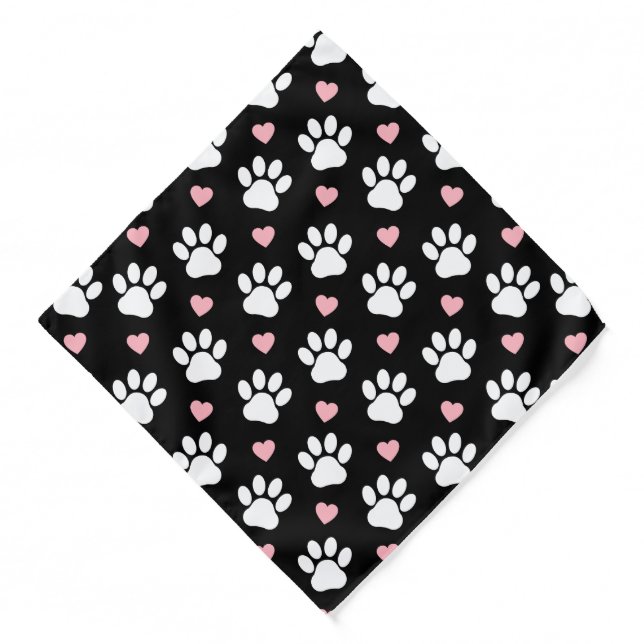 Pattern Of Paws, Dog Paws, White Paws, Pink Hearts Bandana (Front)