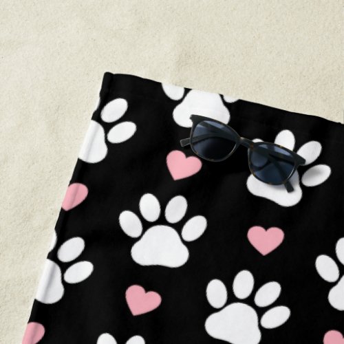 Pattern Of Paws Dog Paws White Paws Pink Hearts Beach Towel