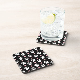 Pattern Of Paws, Dog Paws, White Paws, Pink Hearts Beverage Coaster