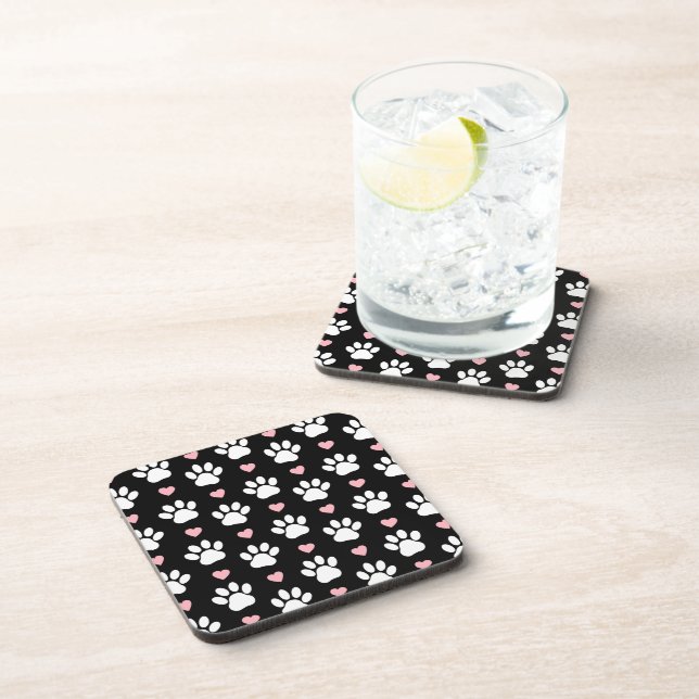 Pattern Of Paws, Dog Paws, White Paws, Pink Hearts Beverage Coaster (Right Side)