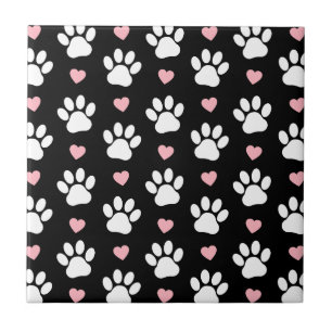 Pattern Of Paws, Dog Paws, White Paws, Pink Hearts Ceramic Tile