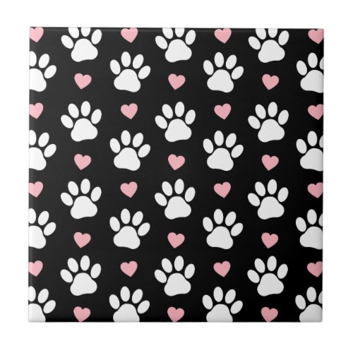 Pattern Of Paws Dog Paws White Paws Pink Hearts Ceramic Tile