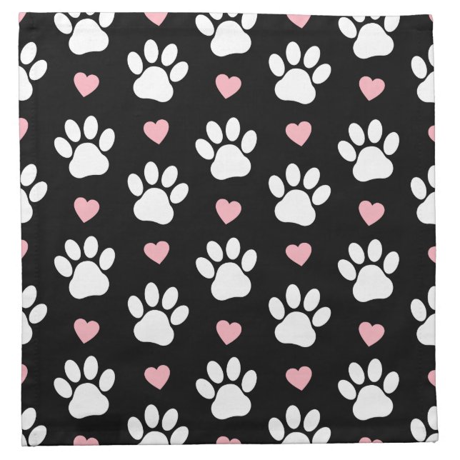 Pattern Of Paws, Dog Paws, White Paws, Pink Hearts Cloth Napkin (Front)
