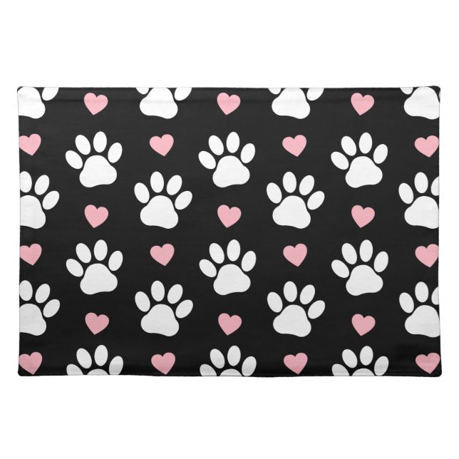 Pattern Of Paws, Dog Paws, White Paws, Pink Hearts Cloth Placemat (Front)