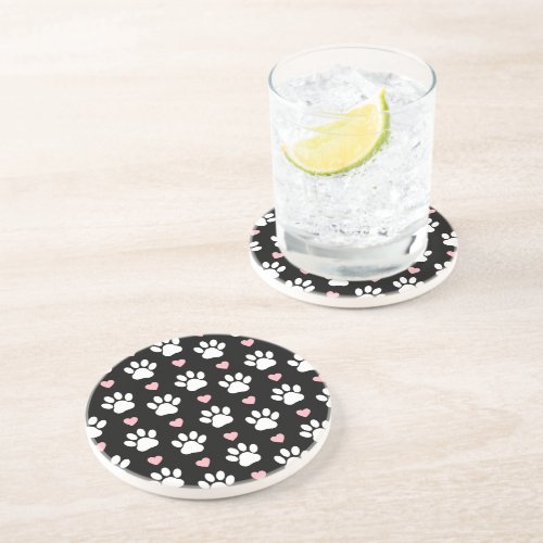 Pattern Of Paws Dog Paws White Paws Pink Hearts Coaster