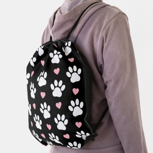 Pattern Of Paws Dog Paws White Paws Pink Hearts Drawstring Bag