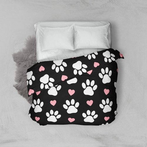 Pattern Of Paws Dog Paws White Paws Pink Hearts Duvet Cover