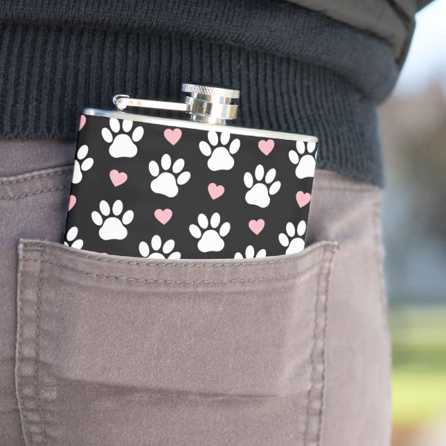 Pattern Of Paws, Dog Paws, White Paws, Pink Hearts Flask (In Situ)