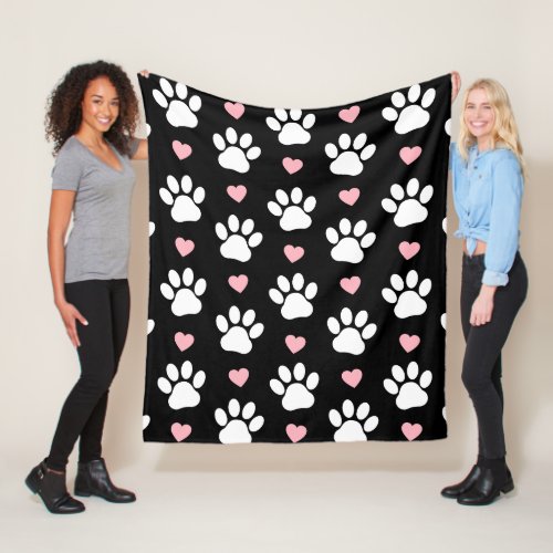 Pattern Of Paws Dog Paws White Paws Pink Hearts Fleece Blanket