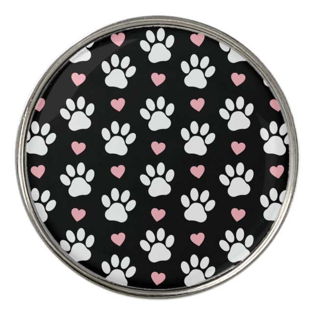 Pattern Of Paws, Dog Paws, White Paws, Pink Hearts Golf Ball Marker (Front)