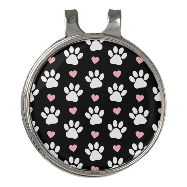 Pattern Of Paws, Dog Paws, White Paws, Pink Hearts Golf Hat Clip (Front)
