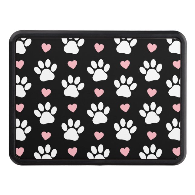 Pattern Of Paws, Dog Paws, White Paws, Pink Hearts Hitch Cover (Front)