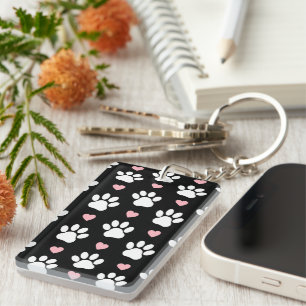 Pattern Of Paws, Dog Paws, White Paws, Pink Hearts Keychain