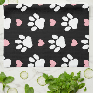 Pattern Of Paws, Dog Paws, White Paws, Pink Hearts Kitchen Towel