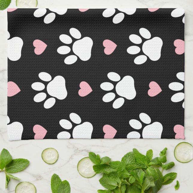 Pattern Of Paws, Dog Paws, White Paws, Pink Hearts Kitchen Towel (Folded)