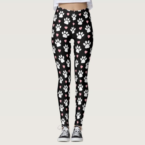 Pattern Of Paws Dog Paws White Paws Pink Hearts Leggings