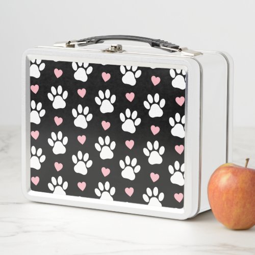 Pattern Of Paws Dog Paws White Paws Pink Hearts Metal Lunch Box