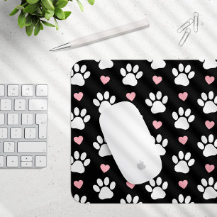 Pattern Of Paws, Dog Paws, White Paws, Pink Hearts Mouse Pad
