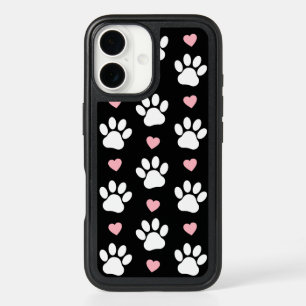 Pattern Of Paws, Dog Paws, White Paws, Pink Hearts iPhone 16 Case