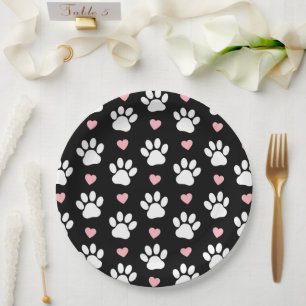 Pattern Of Paws, Dog Paws, White Paws, Pink Hearts Paper Plates
