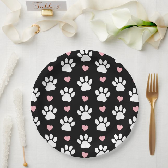 Pattern Of Paws, Dog Paws, White Paws, Pink Hearts Paper Plates (Wedding)