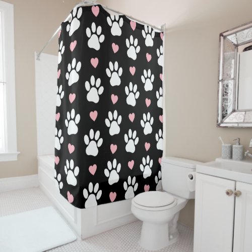 Pattern Of Paws Dog Paws White Paws Pink Hearts Shower Curtain