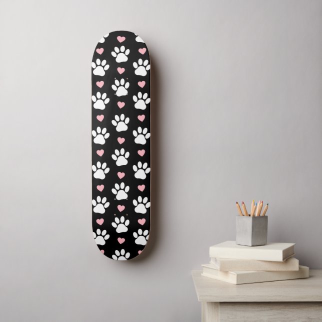Pattern Of Paws, Dog Paws, White Paws, Pink Hearts Skateboard (Wall Art)