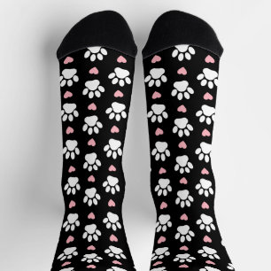 Pattern Of Paws, Dog Paws, White Paws, Pink Hearts Socks