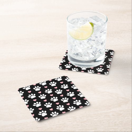Pattern Of Paws Dog Paws White Paws Pink Hearts Square Paper Coaster