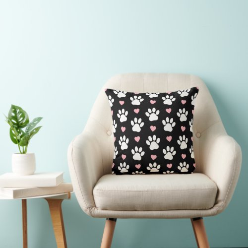 Pattern Of Paws Dog Paws White Paws Pink Hearts Throw Pillow