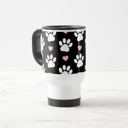 Pattern Of Paws Dog Paws White Paws Pink Hearts Travel Mug