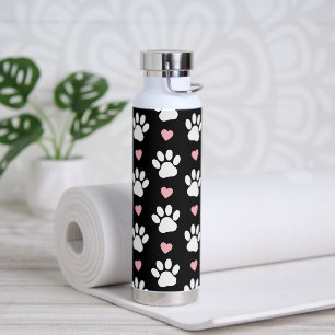 Pattern Of Paws, Dog Paws, White Paws, Pink Hearts Water Bottle