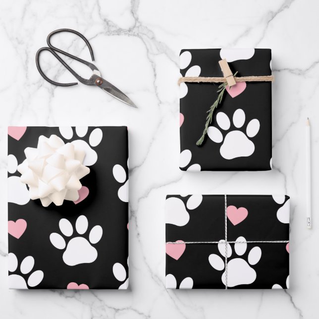 Pattern Of Paws, Dog Paws, White Paws, Pink Hearts Wrapping Paper Sheets (Front)