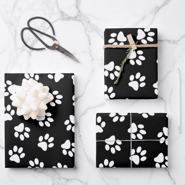 Pattern Of Paws, Dog Paws, White Paws Wrapping Paper Sheets (Front)