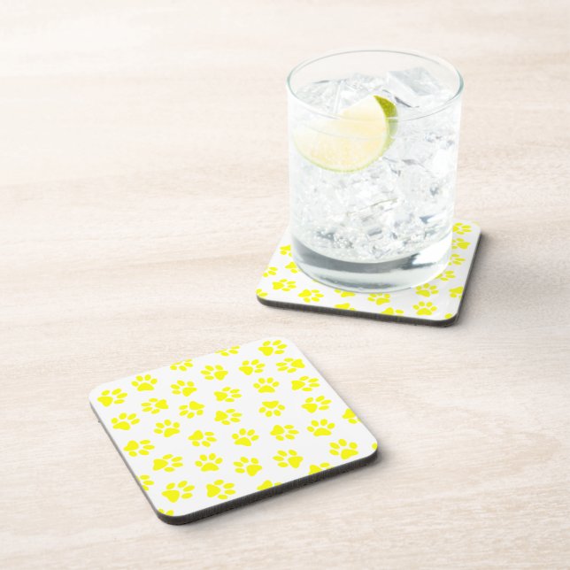 Pattern Of Paws, Dog Paws, Yellow Paws Beverage Coaster (Right Side)