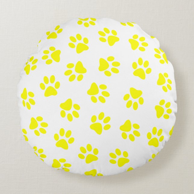 Pattern Of Paws, Dog Paws, Yellow Paws Round Pillow (Front)