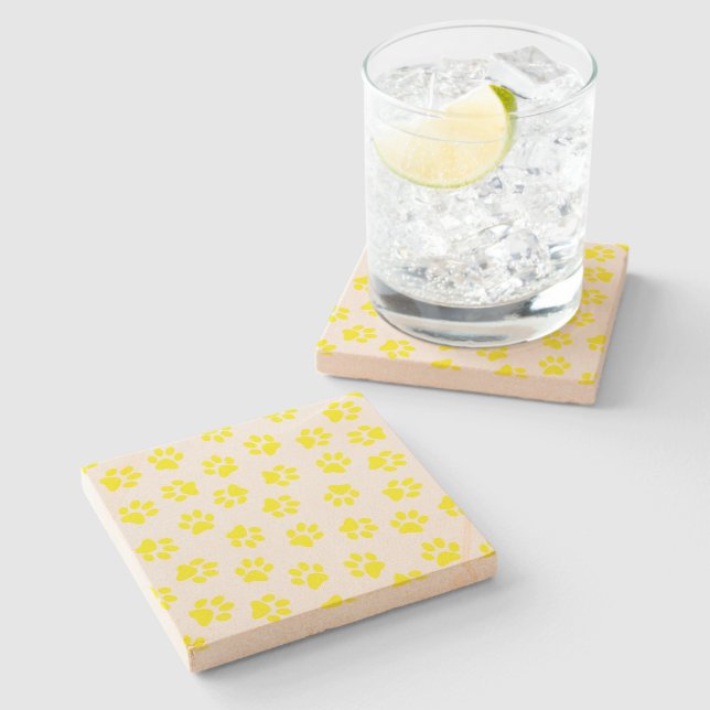 Pattern Of Paws, Dog Paws, Yellow Paws Stone Coaster (Side)