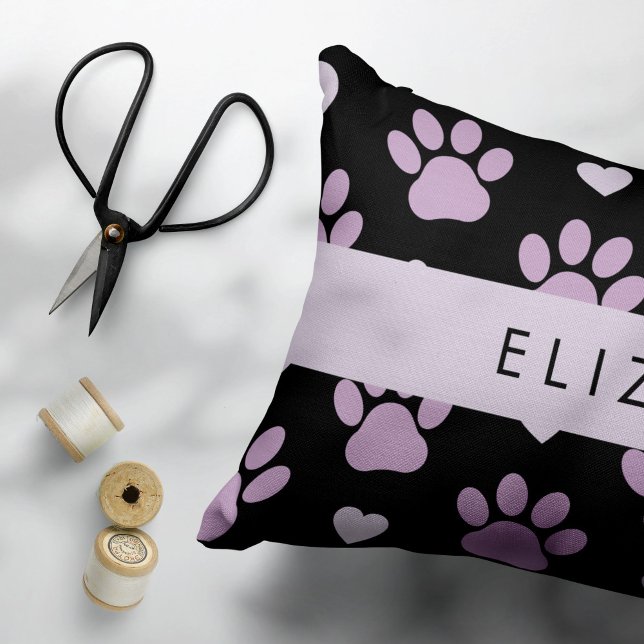 Pattern Of Paws, Lilac Paws, Hearts, Your Name Accent Pillow (Creator Uploaded)