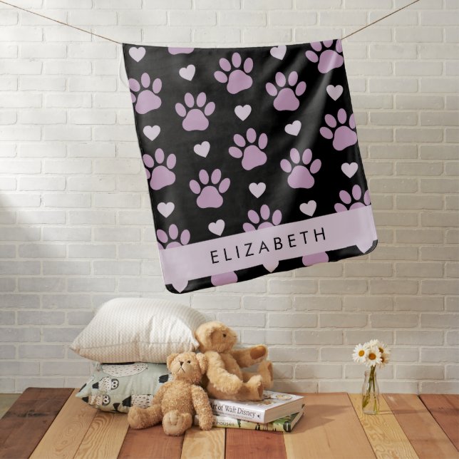 Pattern Of Paws, Lilac Paws, Hearts, Your Name Baby Blanket (In Situ)