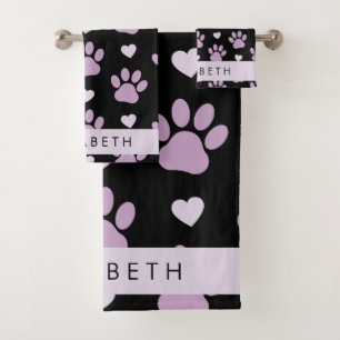 Pattern Of Paws, Lilac Paws, Hearts, Your Name Bath Towel Set