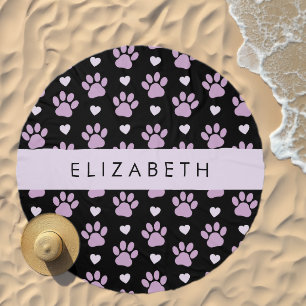 Pattern Of Paws, Lilac Paws, Hearts, Your Name Beach Towel