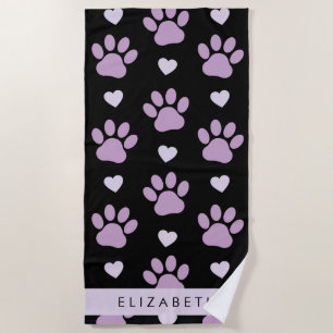 Pattern Of Paws, Lilac Paws, Hearts, Your Name Beach Towel
