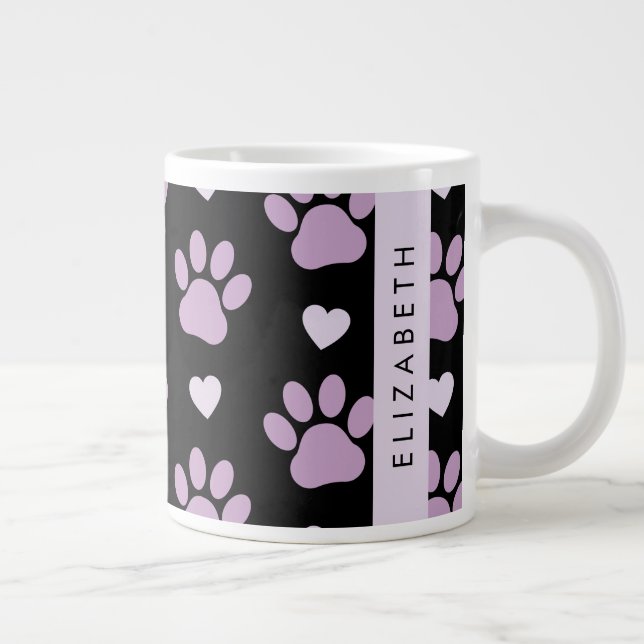 Pattern Of Paws, Lilac Paws, Hearts, Your Name Giant Coffee Mug (Right)
