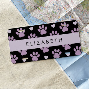 Pattern Of Paws, Lilac Paws, Hearts, Your Name License Plate